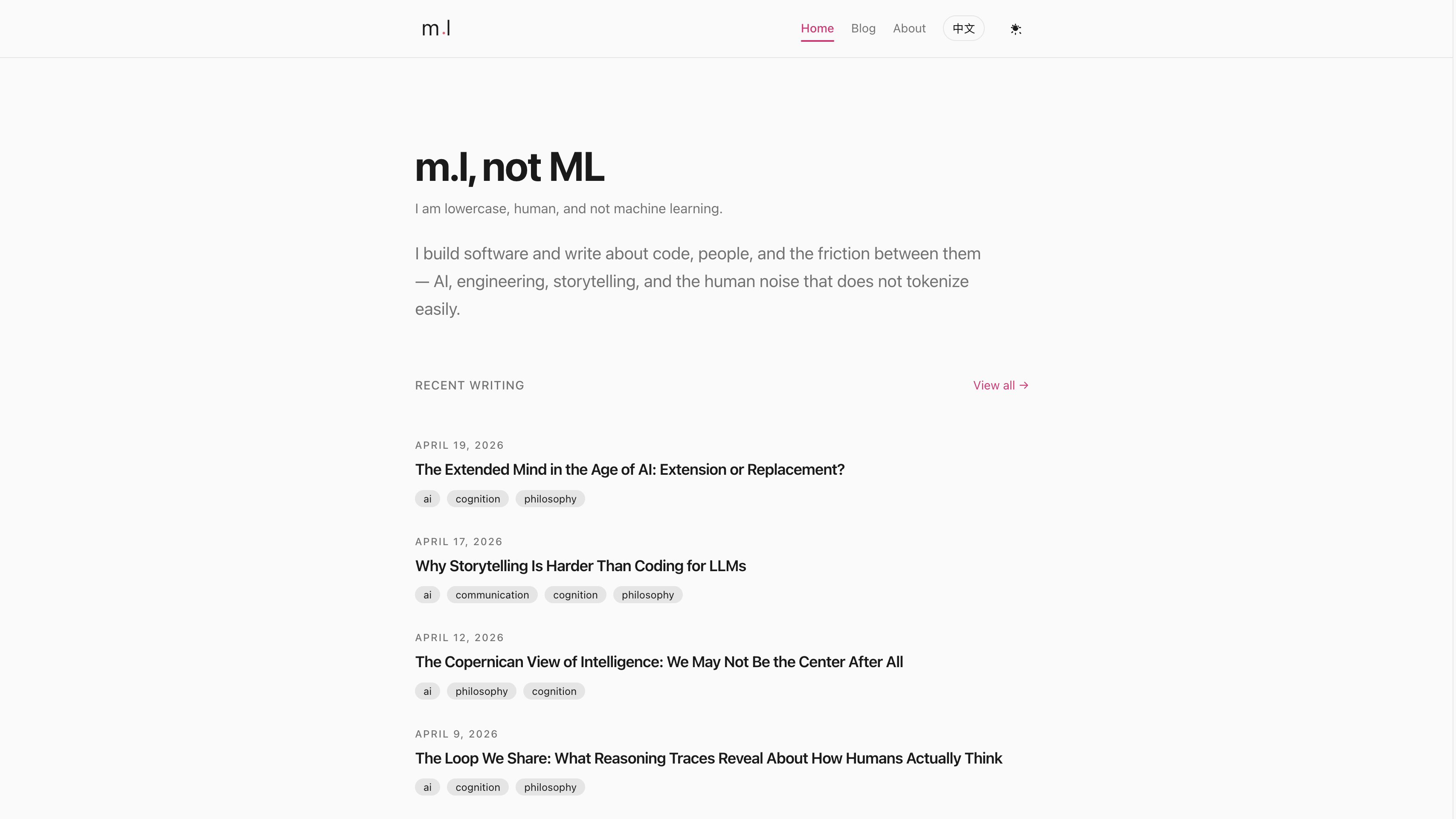 Final blog homepage — minimal, quiet, writing-first