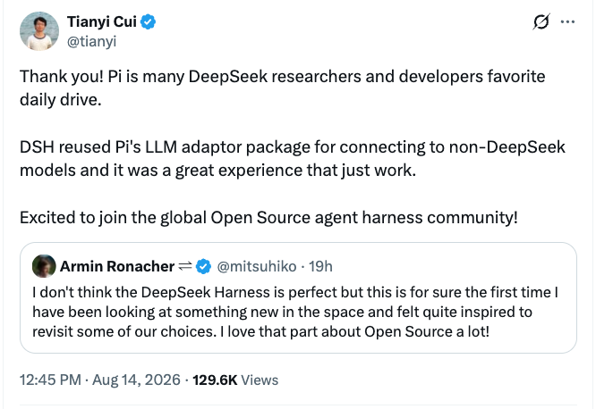 Tianyi Cui explaining on X that DeepSeek researchers use Pi and DSH reused Pi's LLM adapter