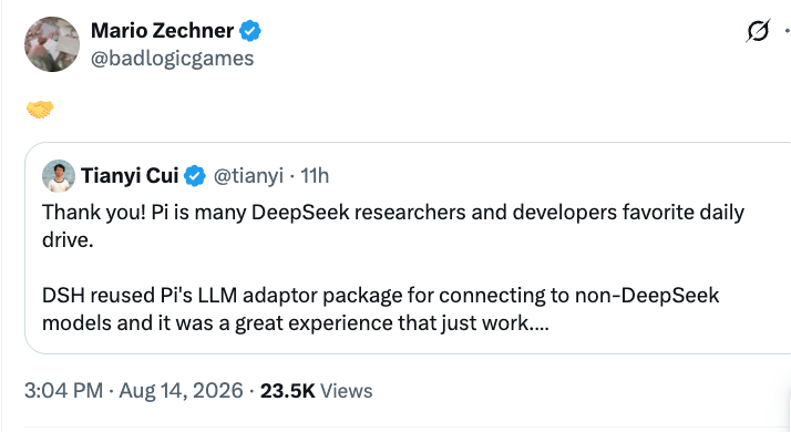 Mario Zechner replying with a handshake to Tianyi Cui's post about DeepSeek's use of Pi