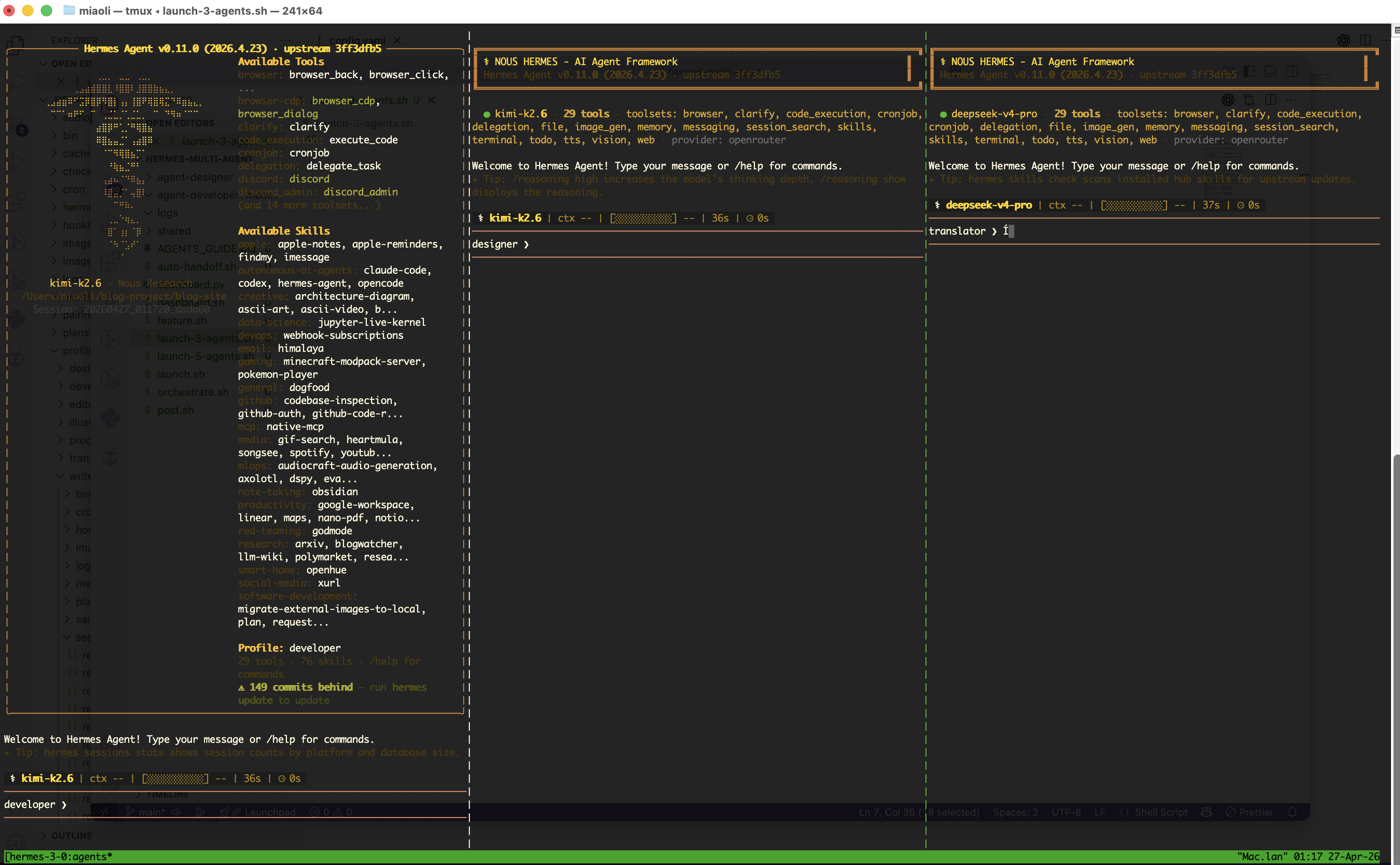 Three-pane tmux setup — Writer, Designer, Translator side by side